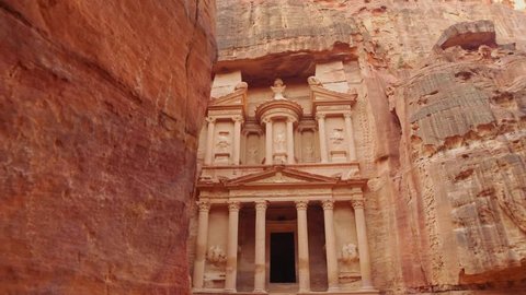 View of Petra Jordan Al Khazneh - the treasury, ancient city of Petra, Nabatean rock-cut temple of Hellenistic period of ancient Petra, originally known to Nabataeans as Raqmu - historical city