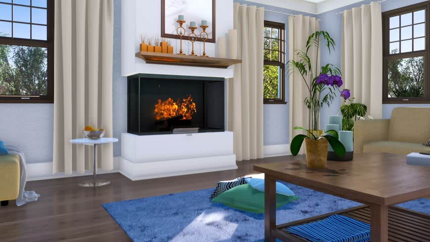 Simple and bright living room interior with burning fireplace in modern luxury home at daytime. With no people realistic 3D animation rendered in 4K