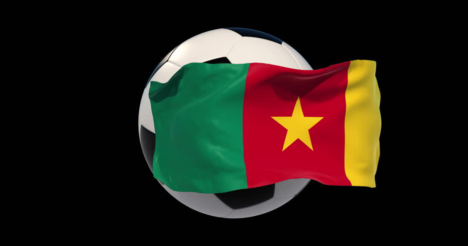 Cameroon flag, Cameroon football.the flag turning around the soccer ball.loop. luma matte.Sport news.football match.translation.Object of advertising. 4k. looping  3d animation