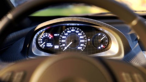 Speedometer fast car automobile speed dashboard accelerate. 3D grid close angle. 4k. 3d animation rendering