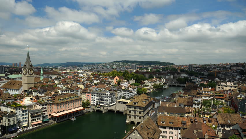 Time Lapse Aerial View of Zurich City Skyline Landmark Crowded Urban Scene Day