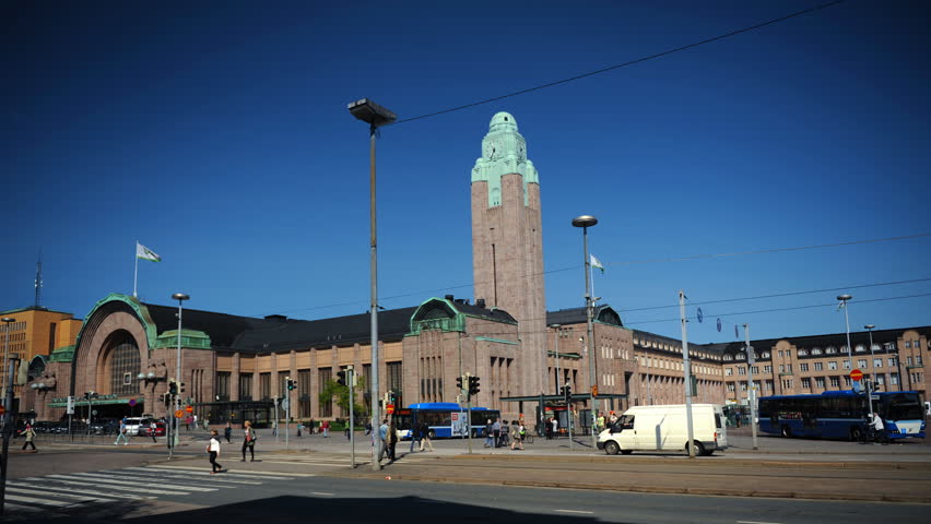 HELSINKI, FINLAND - MAY 21, 2011 Time Lapse of Helsinki Crowd of People Walk in Central Railway Station Building