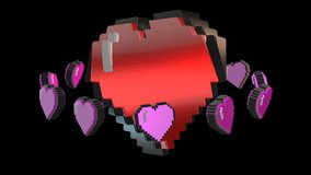 8 bits pixel dancing hearts animation. Retro arcade video game Valentine´s Day background.