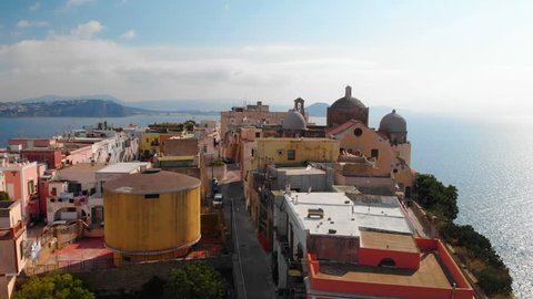 aerial drone shot of Procida island in Italy