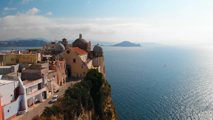 aerial drone shot of Procida island in Italy
