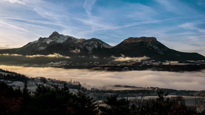 Obiou mountain in French Alps with sea of clouds