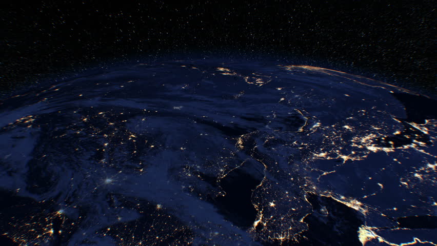 Beautiful Sunrise over the Earth. View from Space Satellite. Cities at Night. Changing from Night to Day 3d Animation Rising Shining Sun. Modern Business and Technology Concept. 4k Ultra HD 3840x2160. | Shutterstock HD Video #1023624340