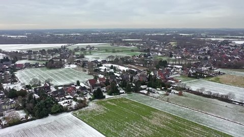 Aerial shot of Holderberg village in Moers during winter, Germany.