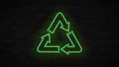 Neon Green Recycling Symbol Banner on Brick Wall. Reduce Reuse Recycle Zero Waste Lifestyle No Plastic Concept 4K Animation Background.