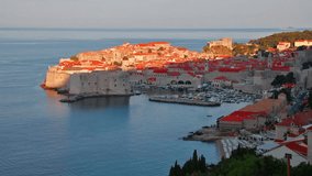 Time lapse clip. Aerial morning view of Dubrovnik city. Summer seascape of Adriatic sea, Croatia, Europe. Beautiful world of Mediterranean countries. Full HD video (High Definition).
