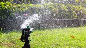 Springer water system used for watering plant and flower in the garden, full hd 1080p slow motion.