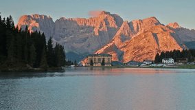 Time lapse clip. Summer view of Misurina lake. Wonderful morning scene of National Park Tre Cime di Lavaredo, Misurina resort, Dolomiti Alps, Italy, Europe. Full HD video (High Definition).