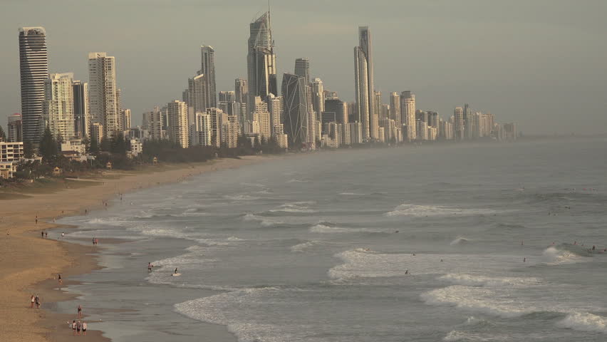 Aerial landscape view of Surfers Paradise city skyline in Gold Coast Queensland Australia. 