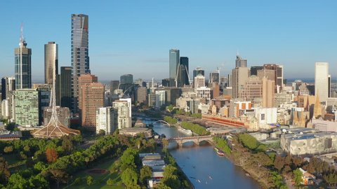 Melbourne, Australia - Nov 10, 2018: 4k aerial video of Melbourne CBD in the morning