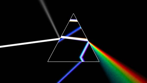 Prism separating a ray of light into the seven colors of the spectrum. Light source rotates, giving beautiful rainbow effects. 4k