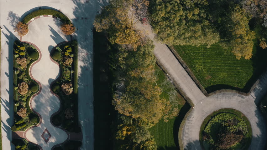 Drone aerial of Grant Park Chicago urban textures and plants