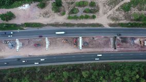 Aerial scene of fly over multiple lane highway bridge building in 4k video, Thailand