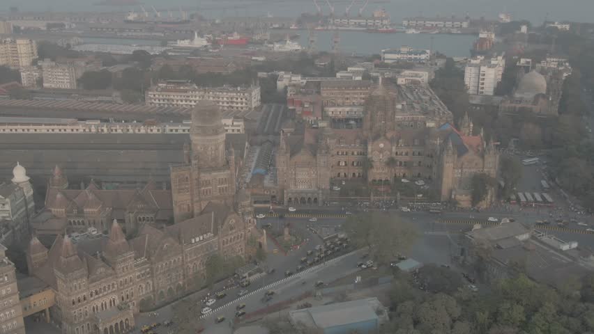Victoria terminus train station in Mumbai, 4k aerial ungraded/flat