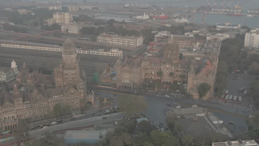 Victoria terminus train station in Mumbai, 4k aerial ungraded/flat