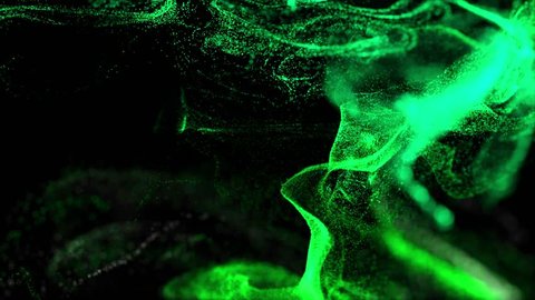 3d ink effect advection in 4k. Glitter in stream of invisible ink in water. 3d render with depth of field, luma matte as alpha channel. Shiny green fluorescent particles on black background. 1