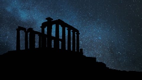 The Ancient Greek Temple of Poseidon at Cape Sounion by Night with Stars, One of the Major Monuments of the Golden Age of Athens, Greece