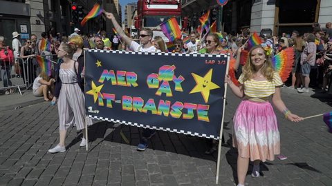 OSLO, NORWAY - JUNE 30, 2018: The Pride Parade, the highlight of Oslo’s Pride Week, is a huge, vibrant parade filling the city’s streets. Slow motion