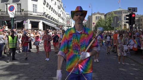 OSLO, NORWAY - JUNE 30, 2018: The Pride Parade, the highlight of Oslo’s Pride Week, is a huge, vibrant parade filling the city’s streets. Slow motion