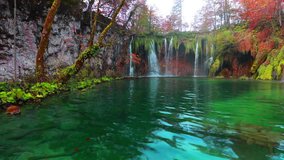 Splendid morning view of pure water waterfall in Plitvice National Park. Picturesque autumn scene of Croatia, Europe. Beauty of nature concept background. Full HD video (High Definition).
