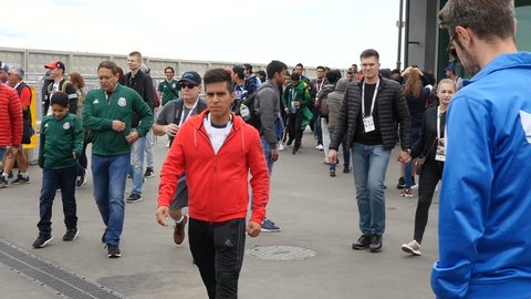 S-Petersburg, Russia, July 2018 - Multiethnic crowd people walking. Football fans walk to the stadium
