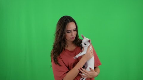 Attractive young brunette girl in red t-shirt holding Chihuahua, smiling, kissing him and playing with a dog on isolated green background