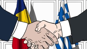 Businessmen or politicians shake hands against flags of Romania and Greece. Official meeting or cooperation related cartoon animation - Powered by Shutterstock - Get 15% off with code: PIKWIZARD15