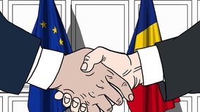 Businessmen or politicians shake hands against flags of the European Union and Romania. Official meeting or cooperation related cartoon animation - Powered by Shutterstock - Get 15% off with code: PIKWIZARD15
