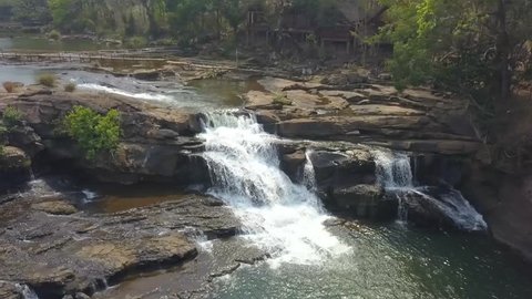 Amazing waterfalls and rapids in Bolaven Plateau, Laos. Drone flying view.