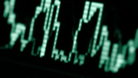 Oscilloscope screen close-up. Green acoustic waves. FullHD stock footage