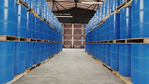 Blue barrels on wooden pallets in warehouse- 3d rendering