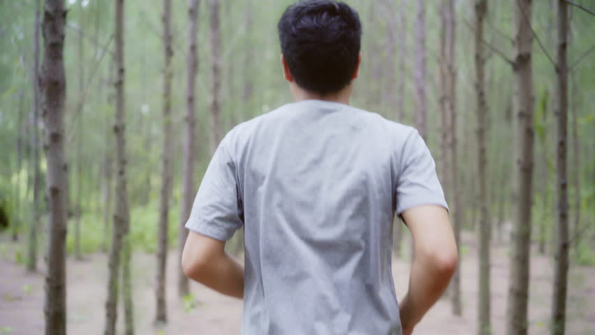 Healthy handsome young athletic sporty Asian runner man in sports clothing running and jogging on forest trail. Lifestyle fit and active women exercise in the forest concept.