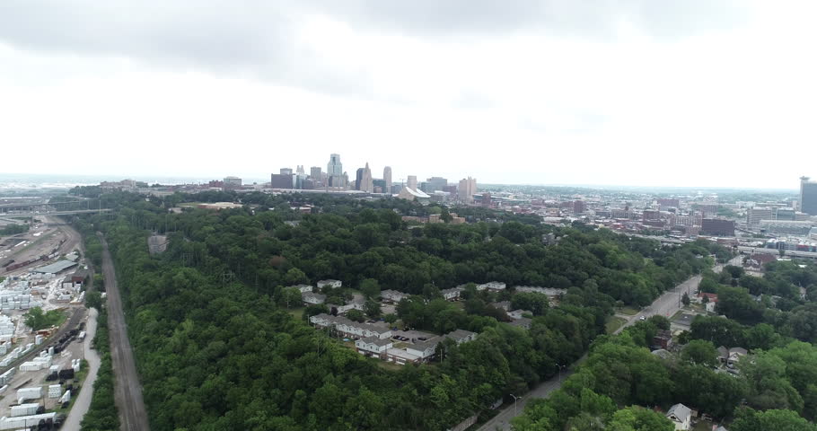 Aerial of Kansas city sky line form south east by Missouri river