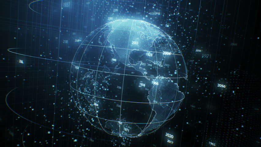 Beautiful Earth Hologram Rotating Seamless with Counting Years Flying in Cyberspace Structure Around Globe. Looped 3d Animation with Blur. Futuristic Business and Technology Concept 4k UHD 3840x2160. Royalty-Free Stock Footage #1023760291