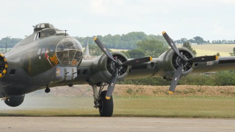 Boeing B-17 Flying Fortress United States Army Second World War Heavy Bomber Military Aircraft Engine Swtich on. Duxford England Flying Legends 11 July 2015