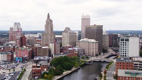 Providence Rhode Island Skyline Downtown, Aerial Drone Overhead New England City