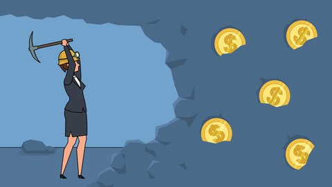 Flat cartoon businesswoman miner character working with pickaxe business dollar concept animation