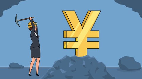 Flat cartoon businesswoman miner character working with pickaxe business yen concept animation