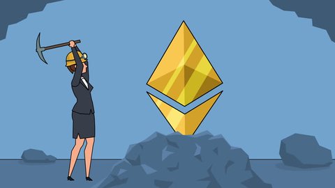 Flat cartoon businesswoman miner character working with pickaxe business ethereum mining concept animation