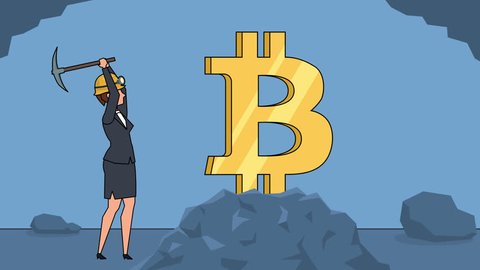 Flat cartoon businesswoman miner character working with pickaxe business bitcoin mining concept animation