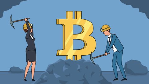 Flat cartoon businessman and businesswoman miner characters working with pickaxe business bitcoin mining concept animation