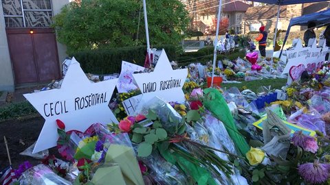 PITTSBURGH, PENNSYLVANIA - CIRCA 2018 - Memorial to victims of the racist hate crime mass shooting at the Tree Of Life synagogue in Pittsburgh.