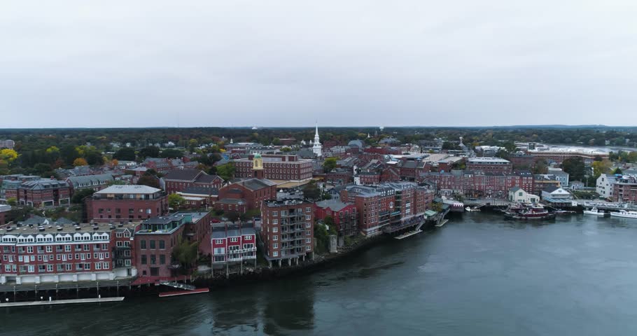 Aerial Drone Shot of Portsmouth, New Hampshire, Coastal Town on Water