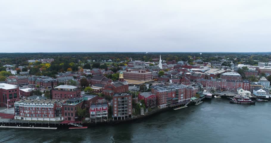 Aerial Drone Shot of Portsmouth, New Hampshire, Coastal Town on Water
