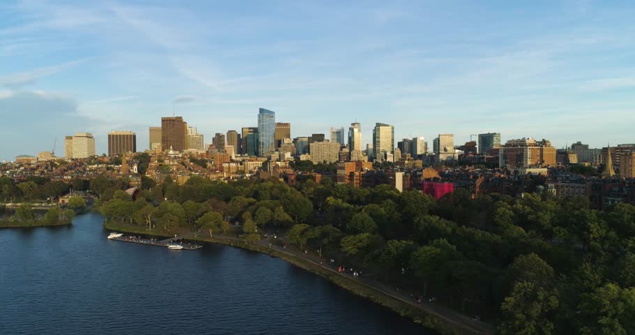 Boston Skyline at Sunset From Water, Park, Aerial Drone