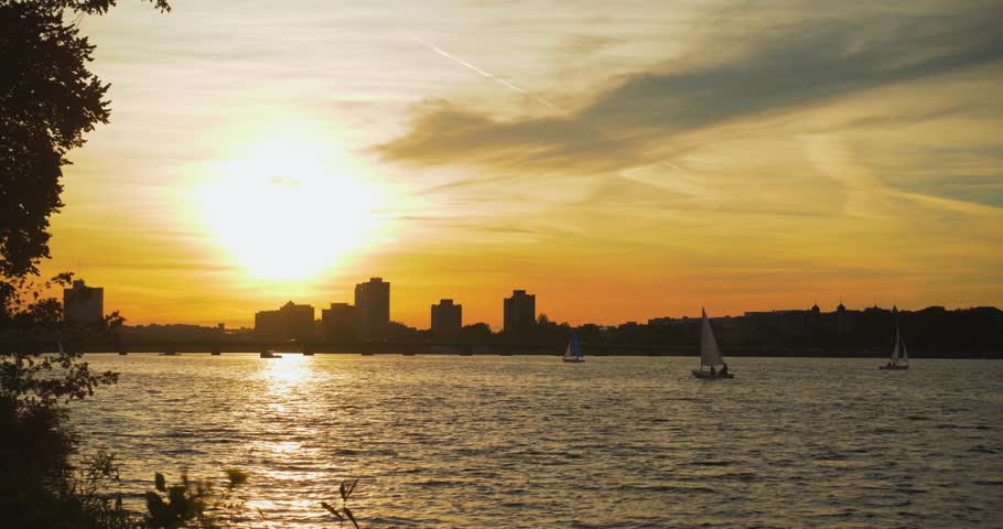 Boston City Skyline & Harbor Over the Water, Sunset, Boats